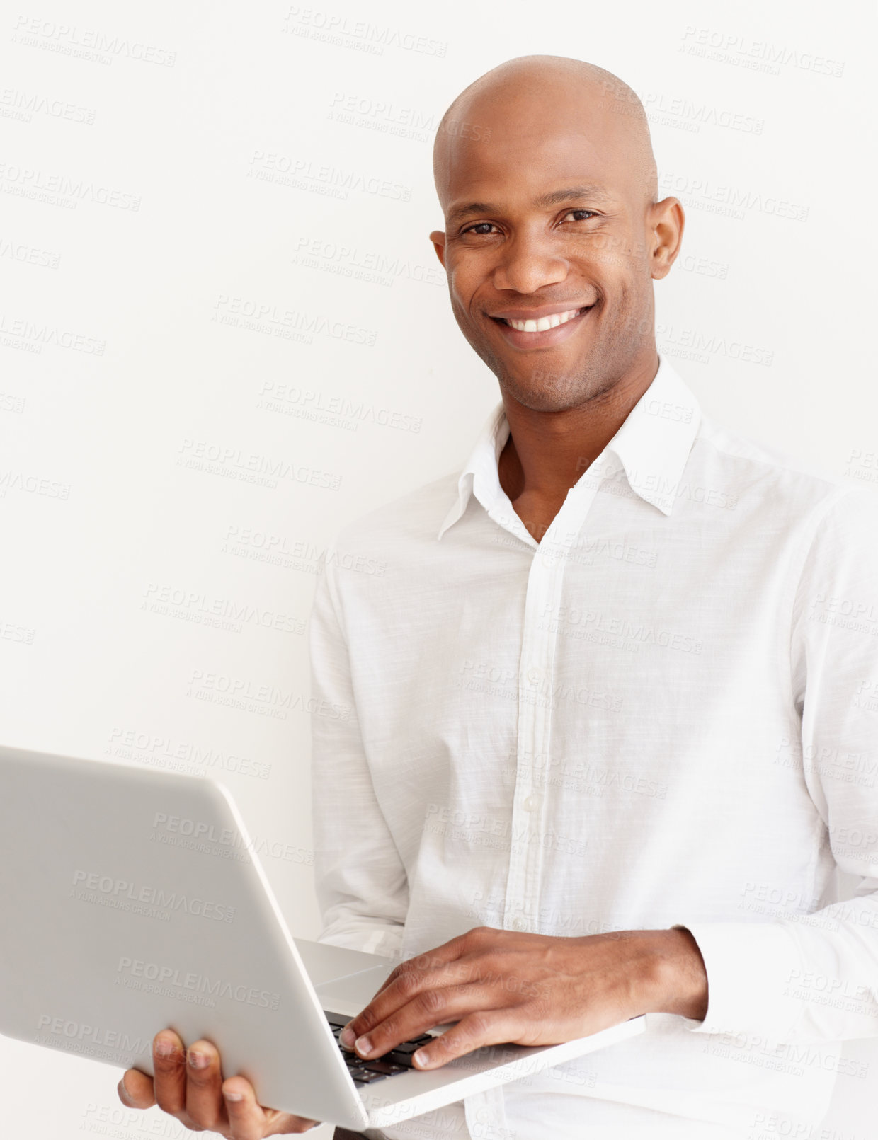 Buy stock photo Portrait, business and black man with laptop in studio isolated on a white background mockup. Computer, male entrepreneur and smile of African person and professional from Nigeria with happiness.