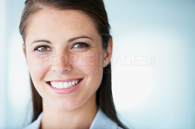 Buy stock photo Face, business woman and smile in office with pride for career, job or occupation. Professional, entrepreneur or portrait of female executive or person from Australia with confidence and mockup space