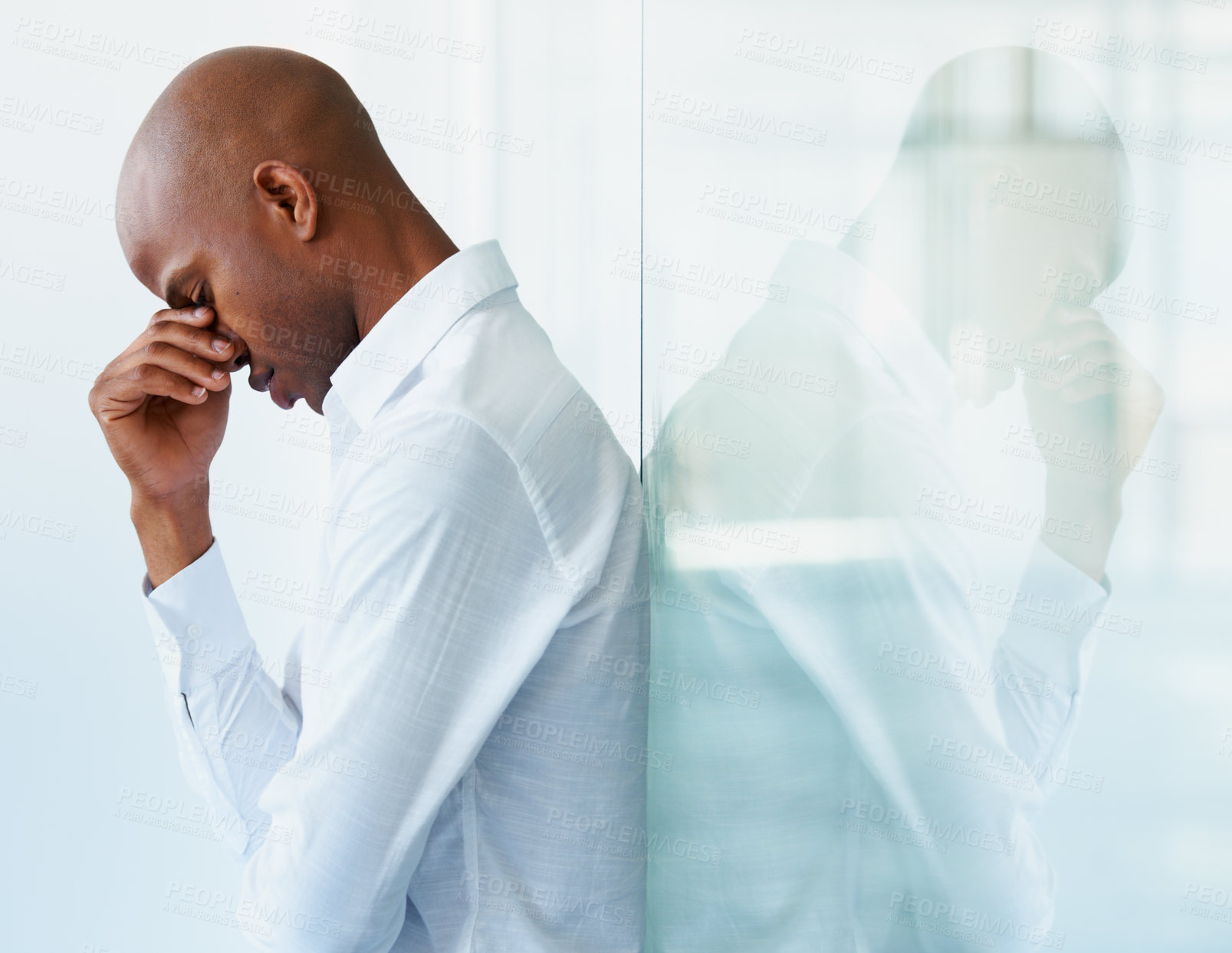 Buy stock photo Business stress, headache and black man in office with crisis, problem or fail on mockup. Sad, depression and male person with fatigue, tired or burnout, anxiety and mental health in workplace.