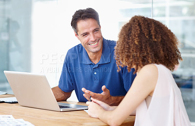 Buy stock photo Colleagues, smile and laptop for meeting, office or discussion to plan, strategy or network. Financial manager, man and woman for company, feedback and working for employee, job and conversation 