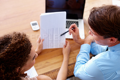 Buy stock photo Document, discussion and business people in collaboration in the office planning a legal agreement. Professional, paperwork and top view of team of lawyers in conversation with contract in workplace.