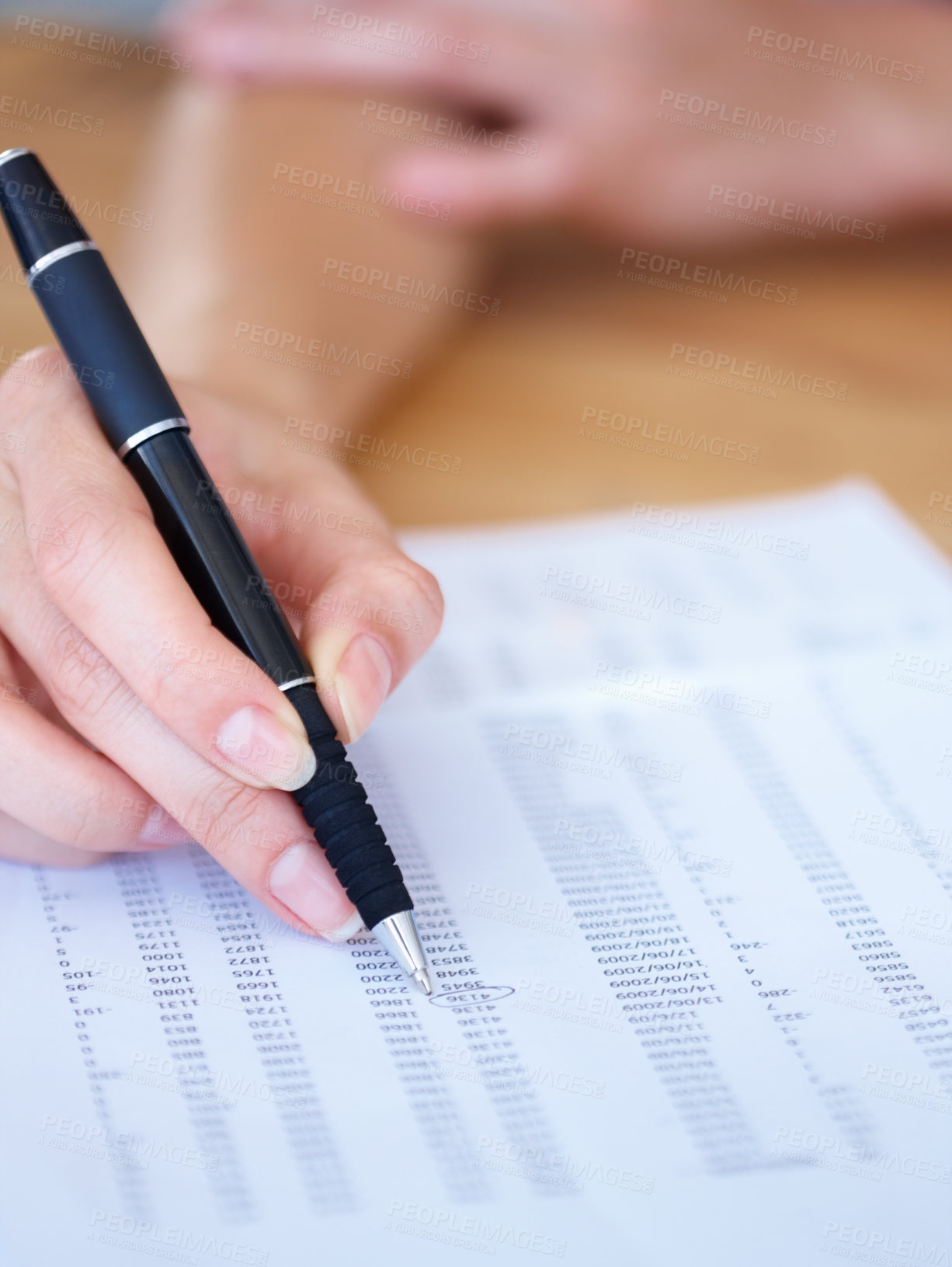 Buy stock photo Woman, hands and writing in finance spreadsheet, accounting or paperwork for budget expenses on form. Hand of female accountant working on financial document, checklist or paper with pen for report