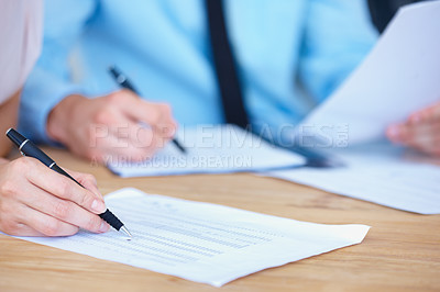 Buy stock photo Business people, hands and writing on spreadsheet for finance paperwork or budget expenses on office desk. Hand of accountant team with financial report, documents or account with pen during audit