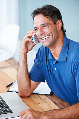 Buy stock photo Businessman, laugh and phone call for communication in modern office for talk, schedule or conversation. Mature person, entrepreneur and happy for working in startup by mobile, internet or cellular