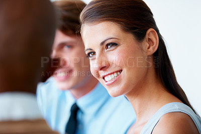 Buy stock photo Woman, happy and smile in team meeting, office and collaboration or teamwork, workshop and seminar. People, confidence and positive mindset at company, future and growth or positive in boardroom