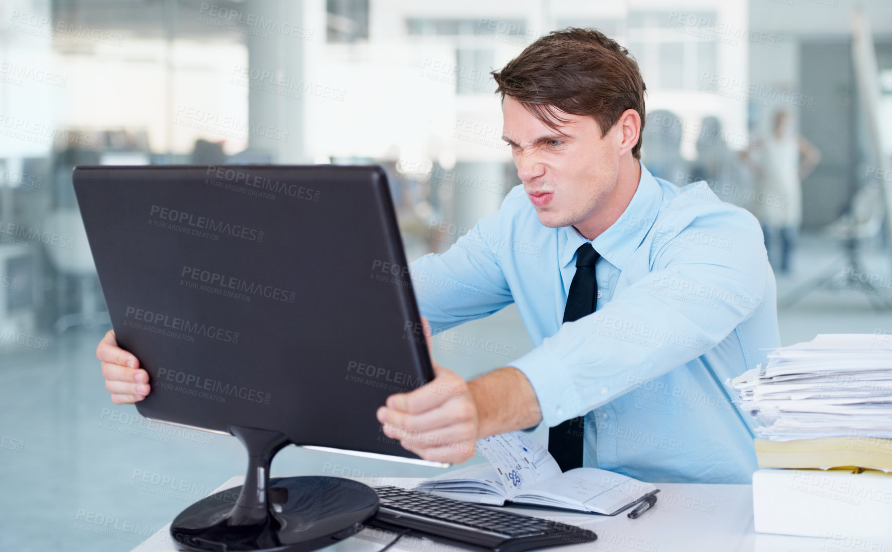 Buy stock photo Businessman, computer and stress or frustrated at office, anger and crazy for technology. Male person, frustrated and crisis on digital, problem and issues or glitch, 404 error and connection fail