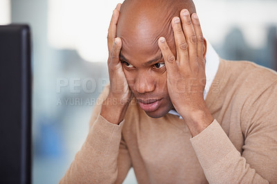 Buy stock photo Business, stress and black man with a headache, burnout and overworked with a deadline, frustration and mistake. Male person, tired employee and consultant with a migraine, problem and health issue