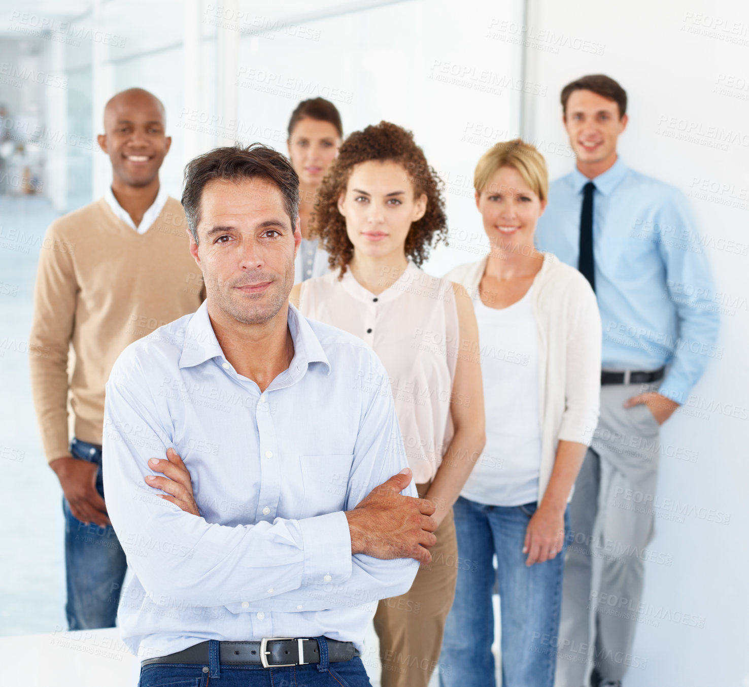 Buy stock photo Portrait, leader and business people with arms crossed for teamwork in office. Collaboration, leadership and employees, men and women with group diversity, team building and solidarity in workplace.