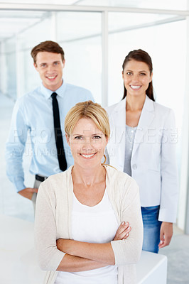 Buy stock photo Portrait, woman leadership and business people with arms crossed for teamwork in office. Collaboration, leader and happy group of employees, man and women, team building and confidence in workplace.