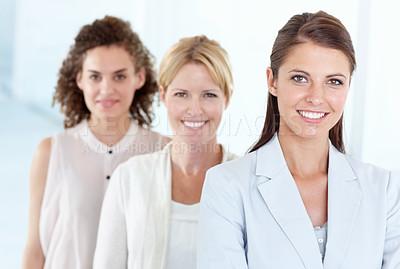 Buy stock photo Portrait of woman, leadership and business people with teamwork in office. Collaboration, leader and happy group of employees, friends and women, team building and confidence in corporate workplace.