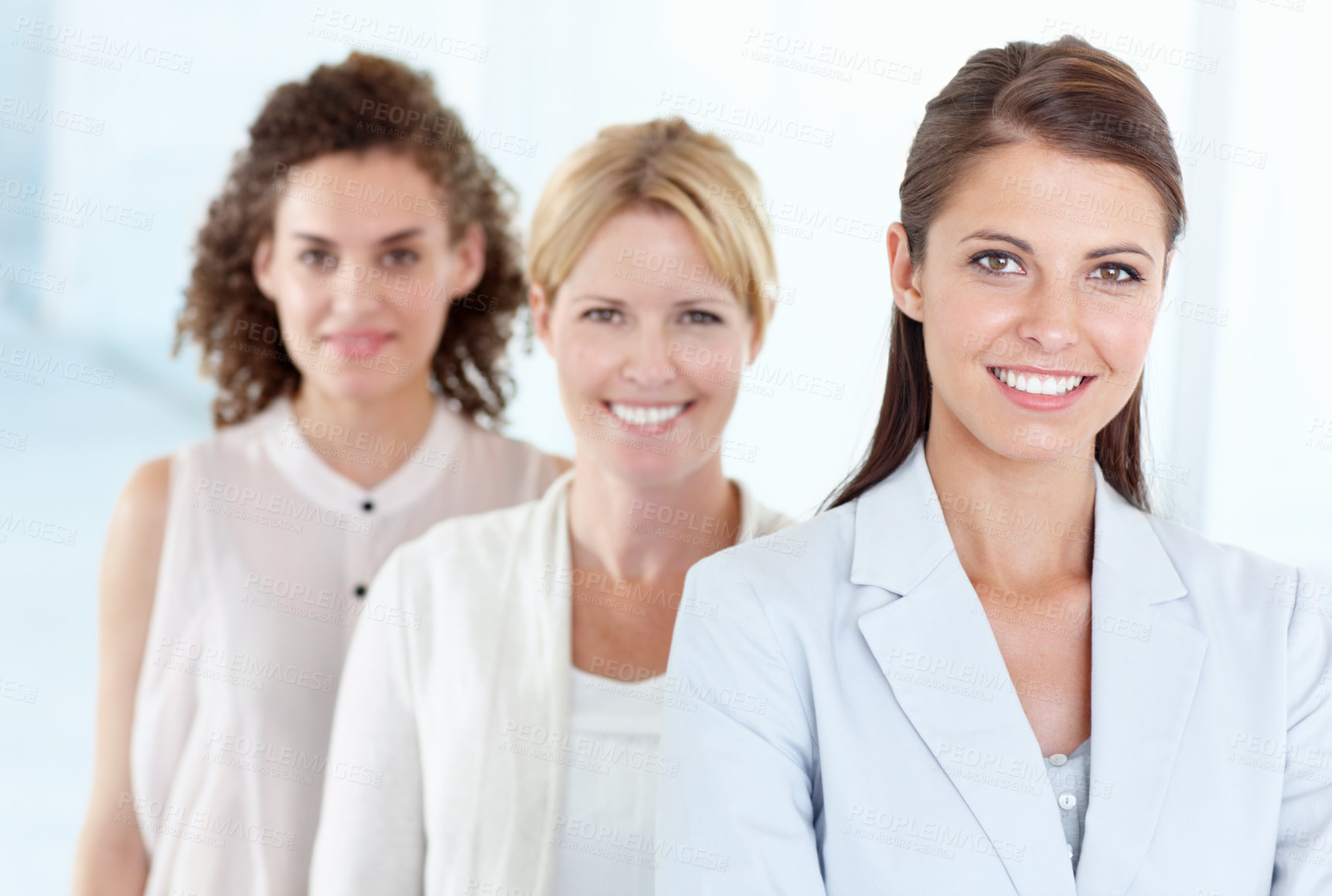 Buy stock photo Portrait of woman, leadership and business people with teamwork in office. Collaboration, leader and happy group of employees, friends and women, team building and confidence in corporate workplace.