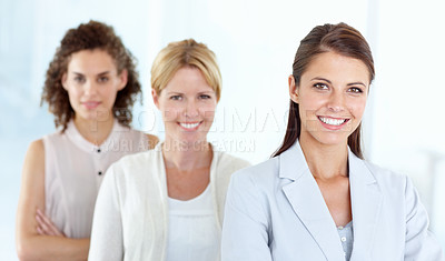 Buy stock photo Portrait, woman and leadership of business people with teamwork in office. Collaboration, leader and happy group of employees, friends and women, team building and confidence in corporate workplace.
