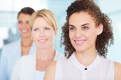 Buy stock photo Business people, smile and women in office, support and collaboration or teamwork, workshop and seminar. Happy team, confidence and positive mindset at company, solidarity and motivation or pride