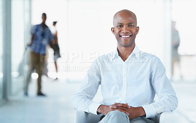 Buy stock photo Portrait, business and smile of black man on chair in office with pride for career or job. Professional, male entrepreneur and happy African person from Nigeria sitting in corporate workplace.