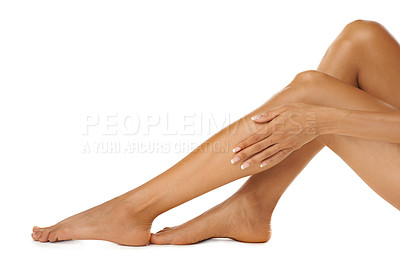 Buy stock photo Beauty, legs and woman in studio for grooming, hygiene and soft skin on white background. Leg, skincare and wellness model relax with luxury, treatment and cosmetics, feminine and cleaning routine