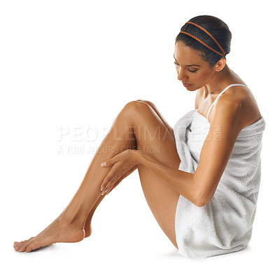 Buy stock photo Skincare, woman and cosmetics for legs, natural beauty or luxury spa treatment on studio background. Female, lady or wellness for leg, feet or fitness for health, smooth or clear skin for dermatology