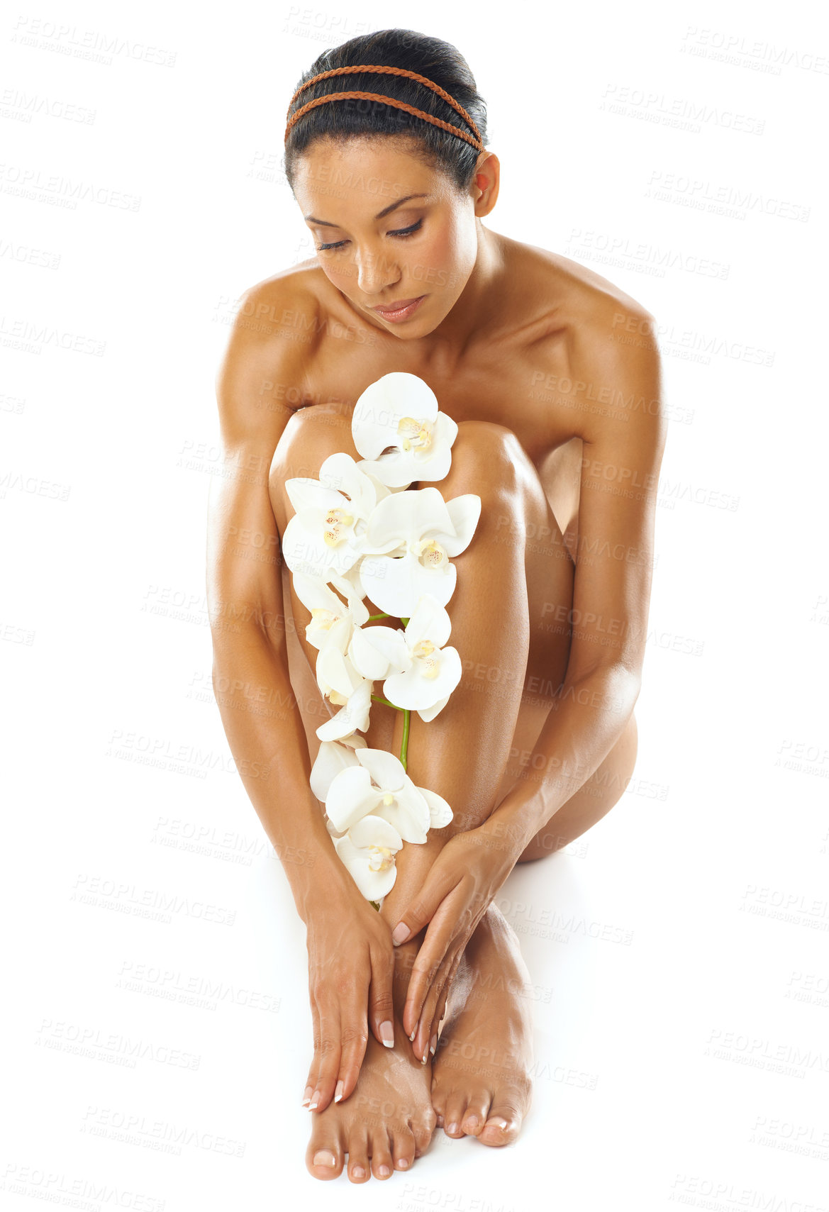Buy stock photo Body, skincare and woman with flowers in studio for natural beauty, product or cosmetics promotion in mockup. Legs, manicure and pedicure of model with floral skin care, dermatology and luxury spa