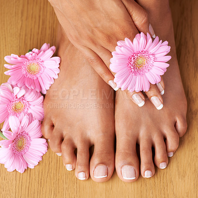 Buy stock photo Woman, hand and feet pedicure with flower for luxury cosmetic treatment with spa manicure nails. Healthy skincare of girl with daisy flowers for beauty, wellness and pamper lifestyle zoom.

