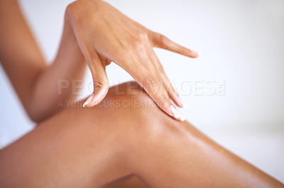 Buy stock photo Skincare, hand and legs of a woman with spa results after epilation, hair removal and glow or shine treatment. Body of a female with a manicure and natural soft skin for health and wellness mockup