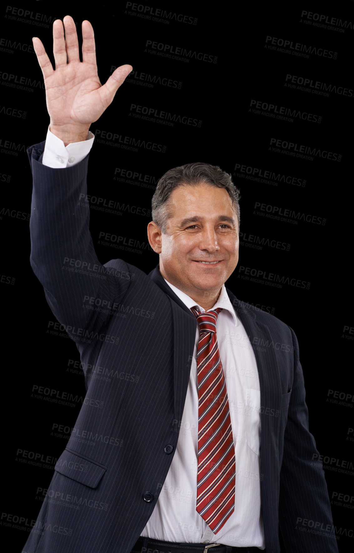 Buy stock photo Government, politician and man on black background with hand for wave, greeting and support. Success, political campaign and person with gesture for leadership, pride and winning election in studio