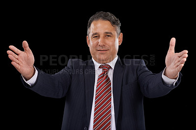 Buy stock photo Portrait, politician and man with open palms, showing and promotion on a dark studio background. Face, mature person and government official with opportunity, confident guy and lawyer with a speech