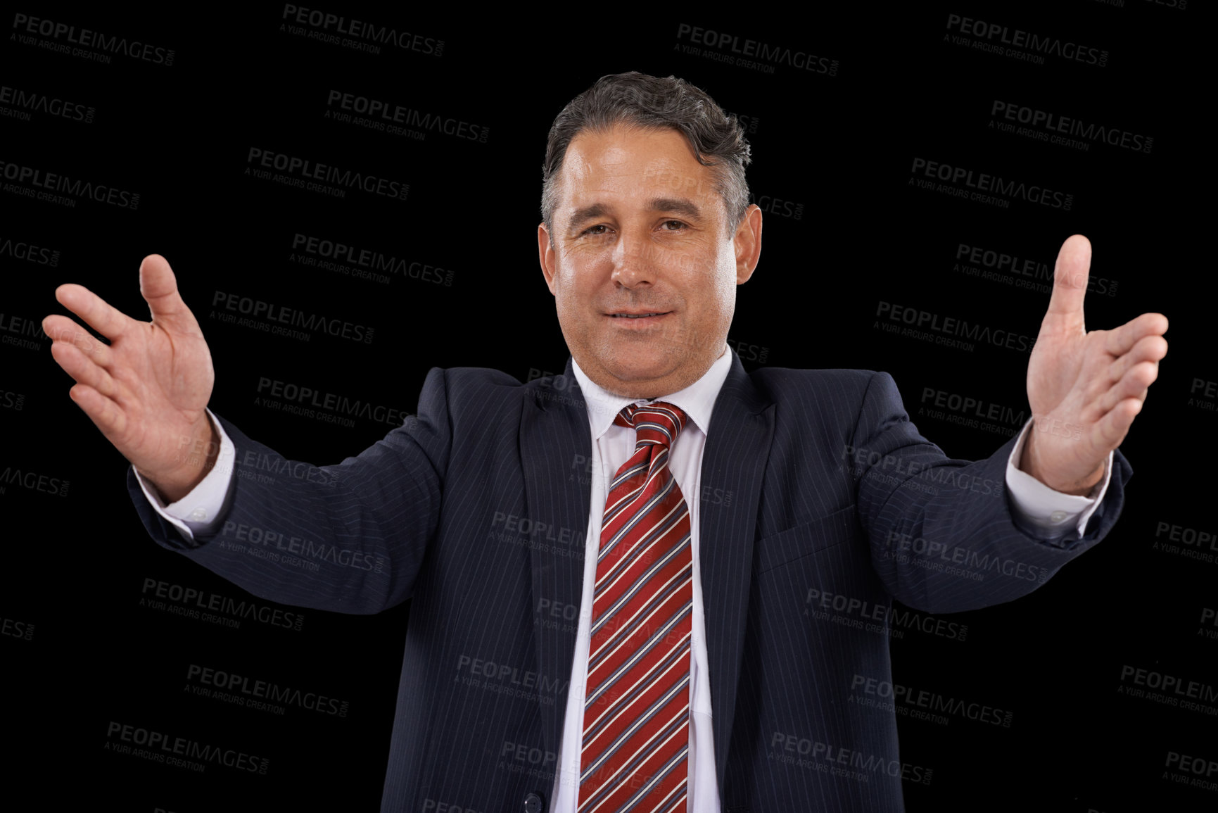 Buy stock photo Portrait, politician and man with open palms, showing and promotion on a dark studio background. Face, mature person and government official with opportunity, confident guy and lawyer with a speech