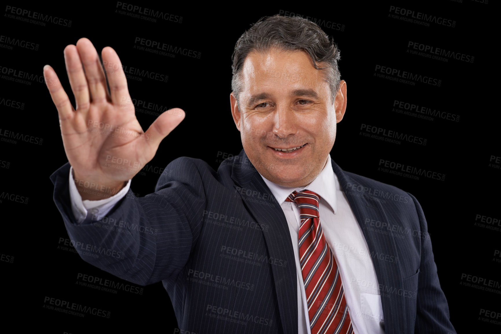 Buy stock photo Government, happy politician and man in studio for wave, greeting and support on black background. Success, political campaign and person with hand gesture for leadership, pride and winning election