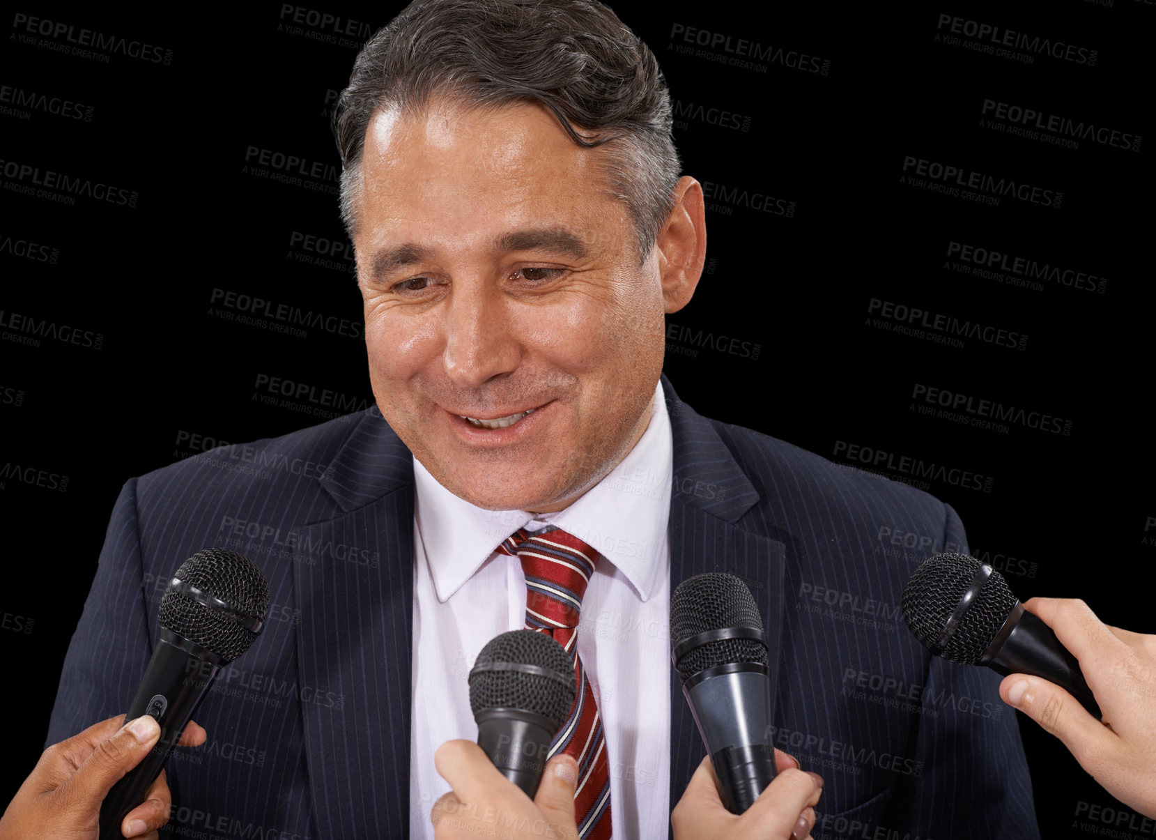 Buy stock photo Microphone, business and man with press conference, smile and information on a dark studio background. Government official, person or interview with questions, statement and speaking with news or mic