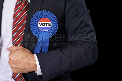 Buy stock photo Man, vote and suit for election, ribbon and politician for support, government and politics. Elections, voter choice and representative for party, registration and democracy for voting register
