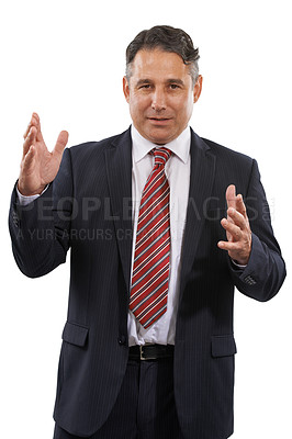 Buy stock photo Portrait, business and man with politics, promotion or information isolated on white studio background. Mature person, government official or representative with opportunity, speaking pr announcement