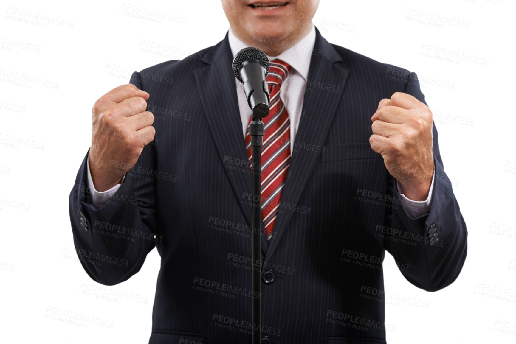 Buy stock photo Microphone, speaker and hands of business man on a white background for presentation, speech and seminar. Debate, public speaking and politician for conference, convention and talking in studio