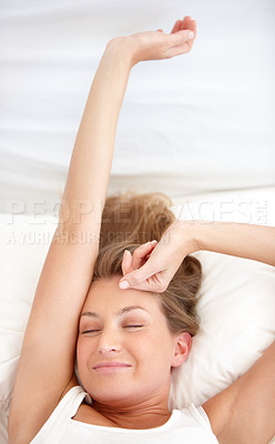 Buy stock photo Morning, wake up and woman stretching, peace and relax with happiness, start the day and peace. Bedroom, home and girl with lazy weekend, nap and calm with cushion, pillow and carefree with a break