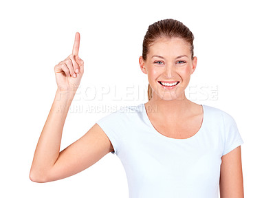 Buy stock photo Happy studio woman, portrait and pointing up at advertising news, sales promotion or show discount info, direction or presentation. Smile, service choice and female model gesture on white background