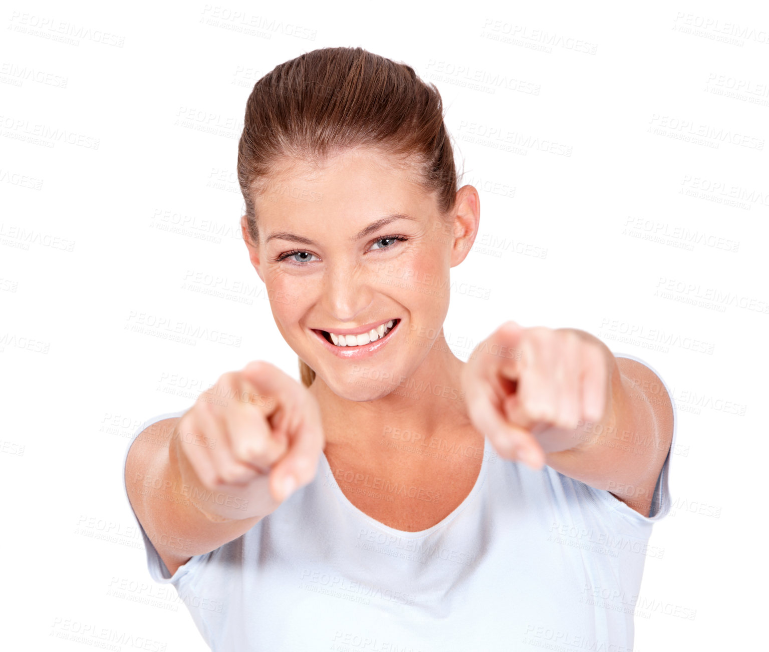 Buy stock photo Portrait, happy woman and pointing to you in white background, isolated studio and choice of decision. Face of female model, smile and fingers forward for offer, emoji and direction for opportunity