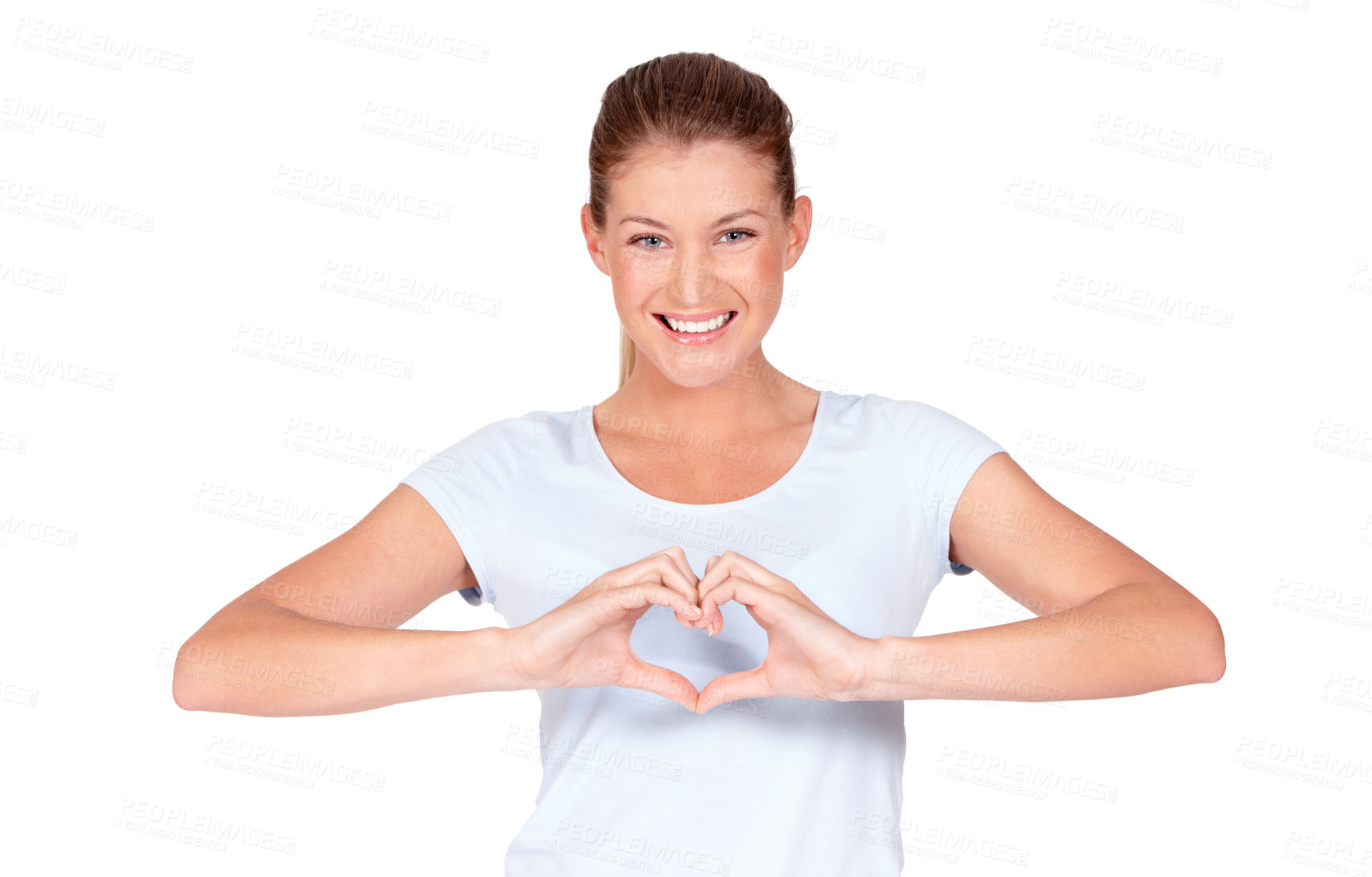 Buy stock photo Love, smile and portrait of happy woman doing heart sign, shape or gesture with hands isolated in a white studio background. Support, casual and female person with happiness, care and kindness signal