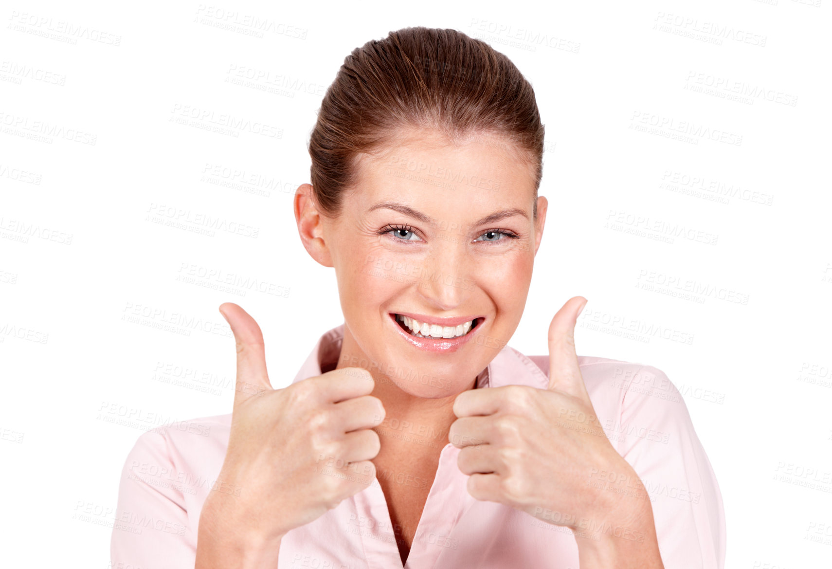 Buy stock photo Happy woman, portrait and hands in thumbs up for success, winning or good job against a white studio background. Female person smiling showing thumb emoji, yes sign or like for approval or agreement