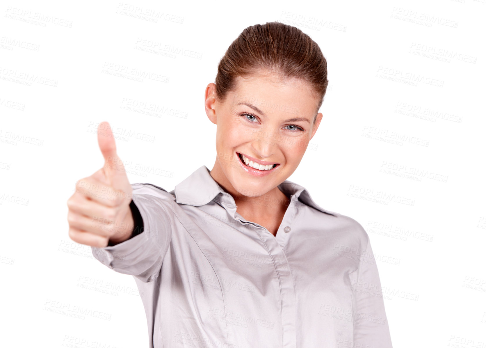 Buy stock photo Happy woman, portrait smile and hand in thumbs up for success, winning or good job against a white studio background. Female person smiling and showing thumb emoji, yes sign or like for approval