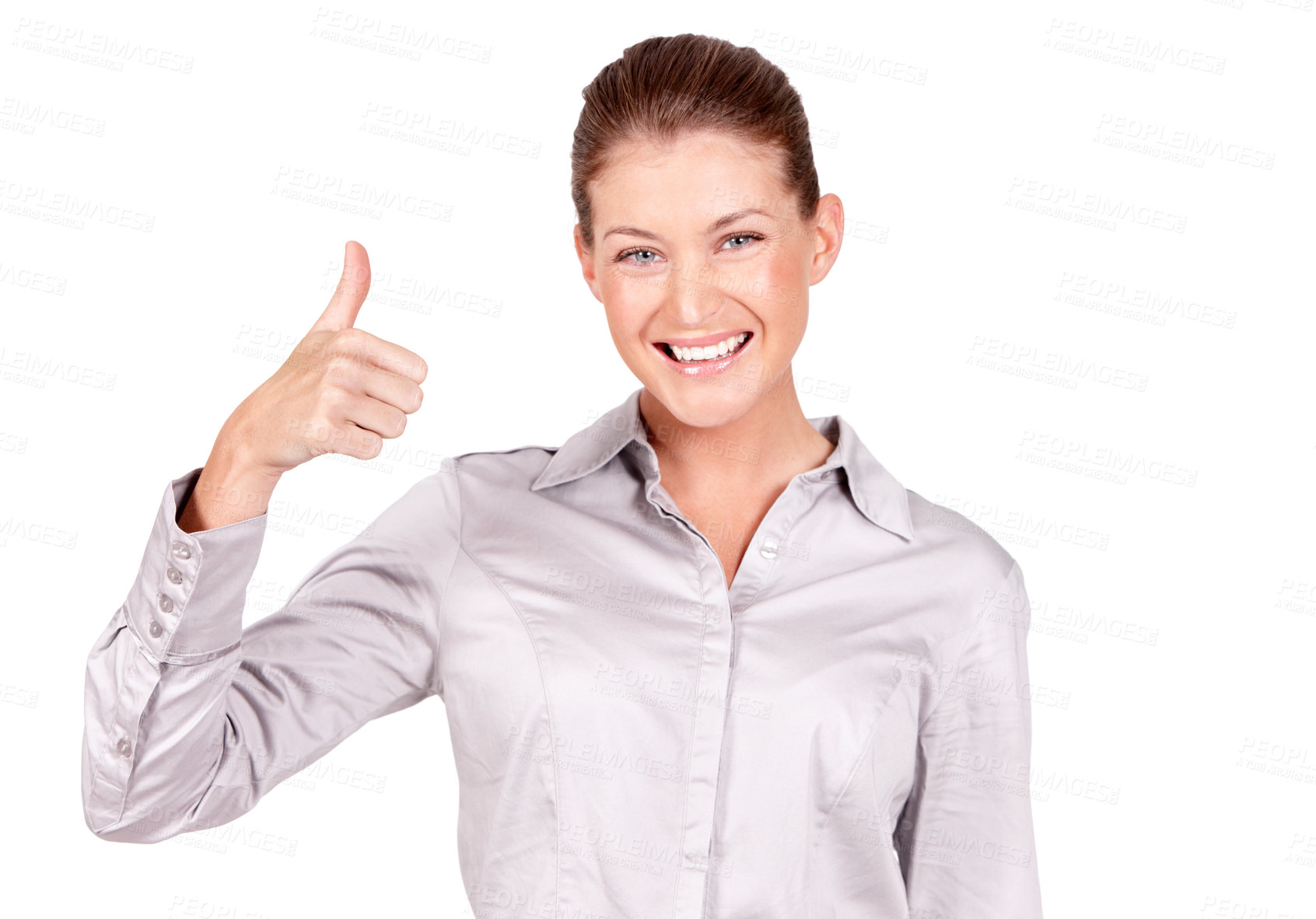 Buy stock photo Happy woman, portrait and hand in thumbs up for achievement, success or winning against a white studio background. Female person with smile and showing thumb emoji, yes sign or like for approval