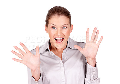 Buy stock photo Studio portrait, excited and business woman react to advertising news, notification or service info. Corporate deal, face and professional agent happy for company announcement on white background