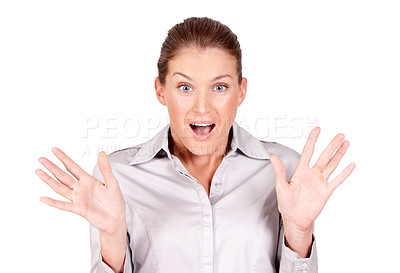 Buy stock photo Studio portrait, surprise and business woman react to advertising news, sales promo or service information. Corporate deal, face and professional person shocked over announcement on white background