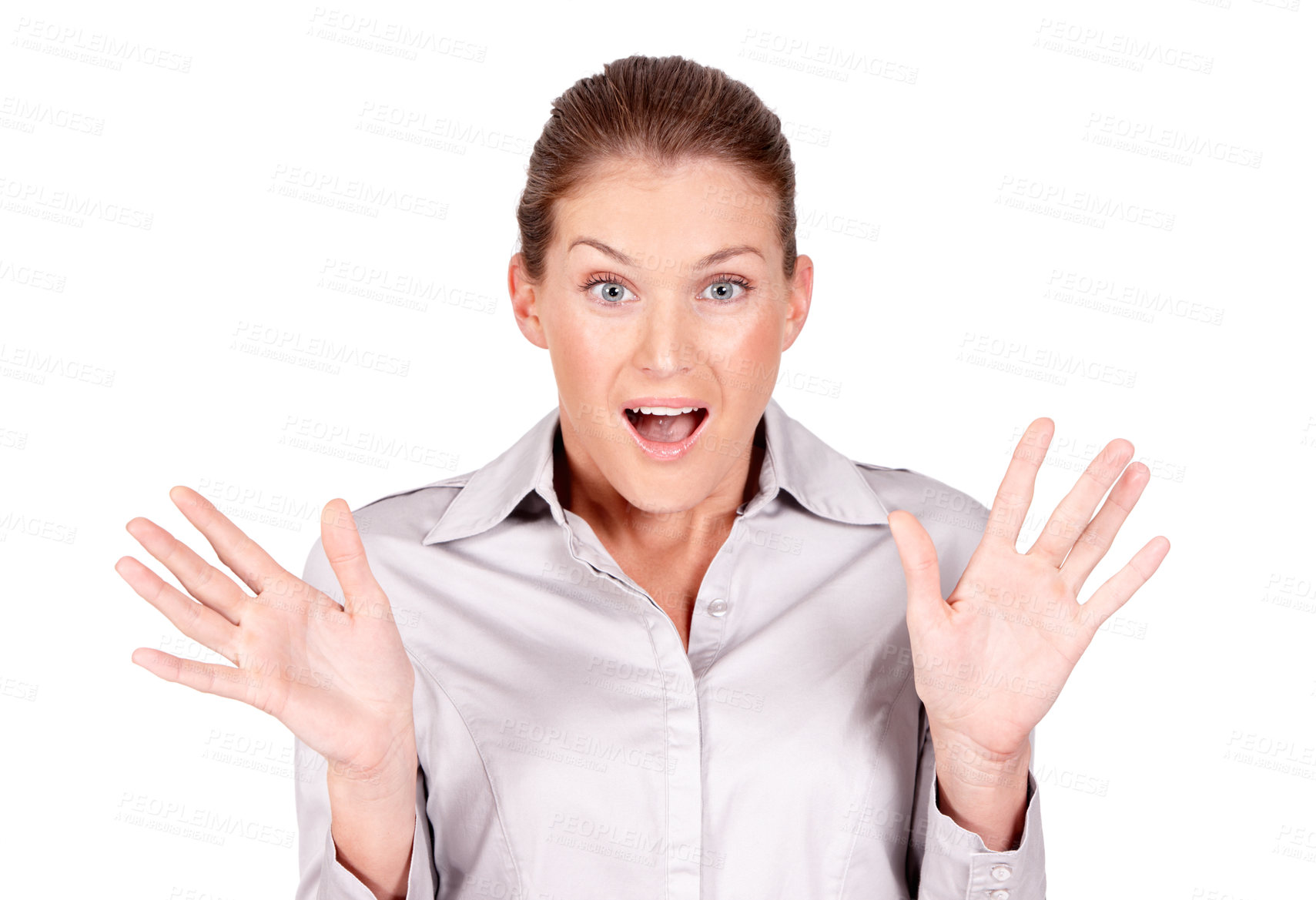 Buy stock photo Studio portrait, surprise and business woman react to advertising news, sales promo or service information. Corporate deal, face and professional person shocked over announcement on white background