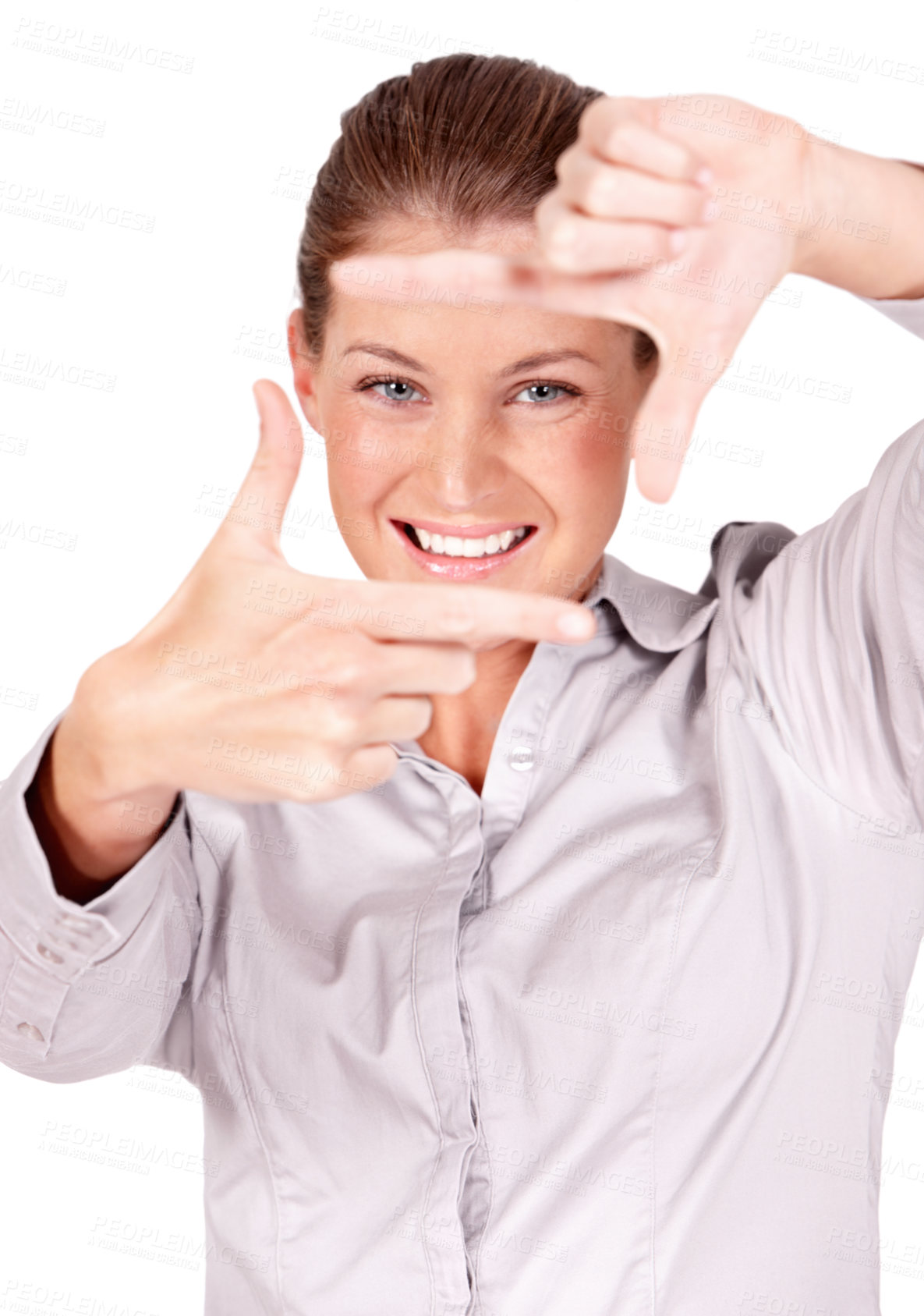Buy stock photo Hands, selfie and portrait of woman doing frame sign or gesture for a picture isolated in a white studio background. Young, focus and female person or employee framing her face with her finger border
