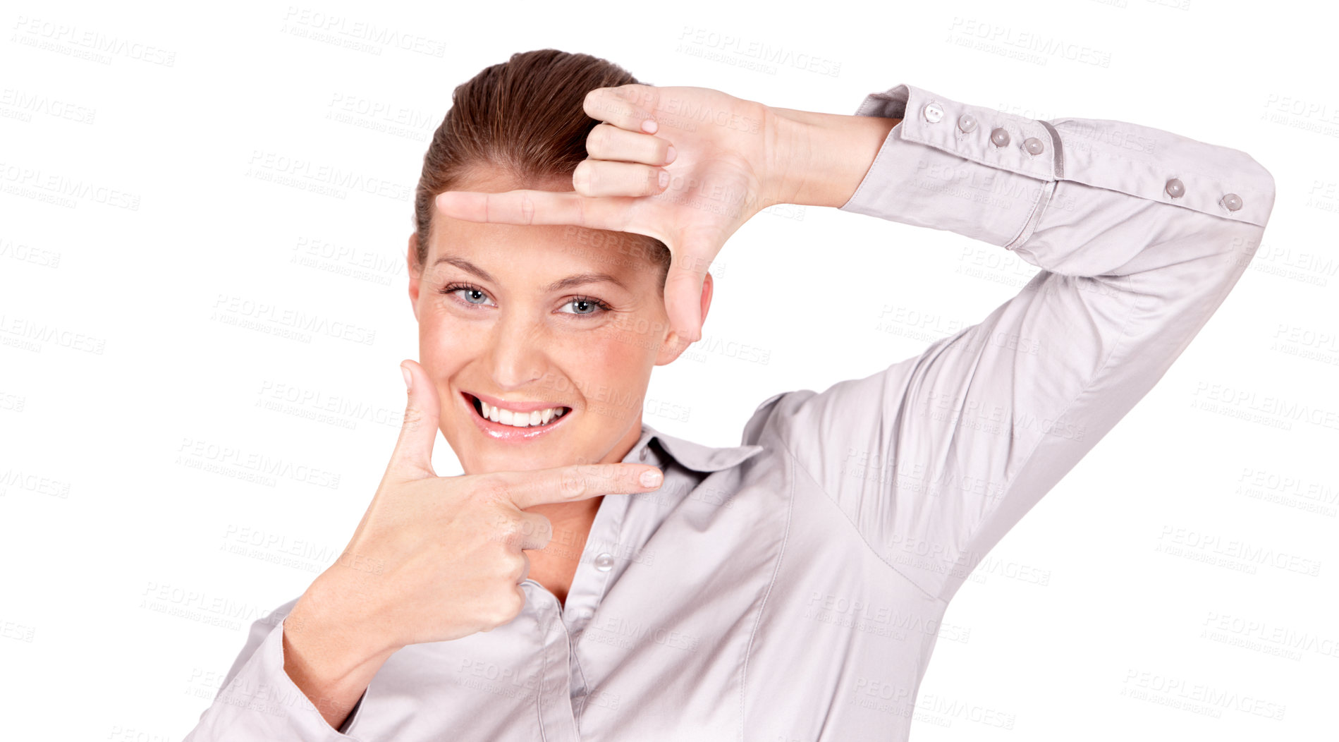 Buy stock photo Hands, portrait and happy woman doing frame gesture or sign for a picture isolated in a white studio background. Smile, photography and female person or employee framing her face with a finger signal