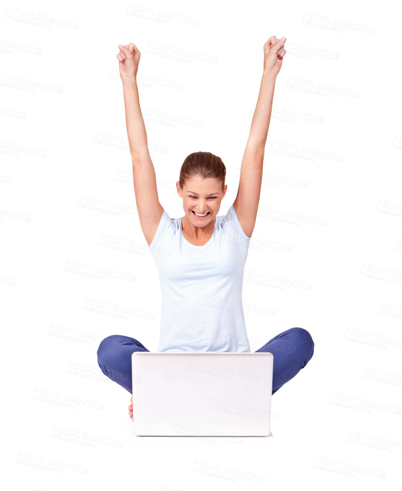 Buy stock photo Winning, achievement and woman with a laptop in a studio in celebration for online sports bet success. Happy, celebrate and female person with a smile and computer isolated by a white background.