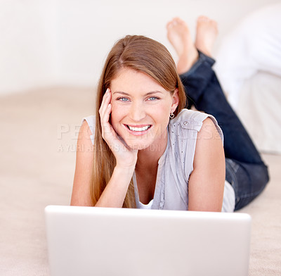 Buy stock photo Happy, laptop and floor with portrait of woman in living room for social media, streaming or website. Search, technology and digital with female user typing at home for connection, email and internet