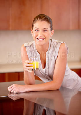 Buy stock photo Happy woman, portrait and orange juice drink in home for vitamin c, healthy benefits and breakfast smoothie. Female person, glass and fruits cocktail for nutrition, vegan diet and detox wellness 