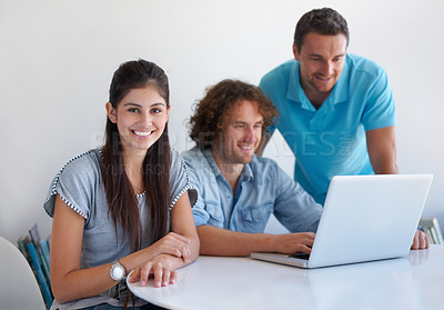 Buy stock photo Laptop, professional teamwork and happy people reading web meeting, startup report or company sales data. Happiness, project and team cooperation, research or smile for creative design development