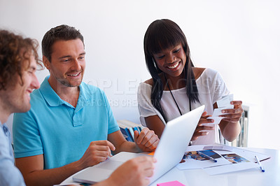 Buy stock photo Business people, teamwork and laptop for meeting ideas, color choice or brainstorming at creative agency. Group, graphic designer or artist with proposal for online magazine, startup or collaboration