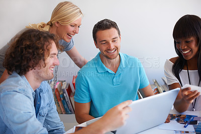 Buy stock photo Business people, teamwork and laptop for meeting, video call or brainstorming online for website collaboration. Group of women, men and manager with startup project, proposal and laughing on computer
