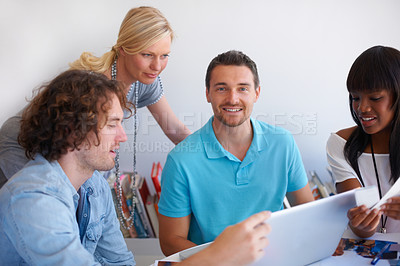 Buy stock photo Creative people, laptop and teamwork portrait for meeting, startup project and design planning at advertising agency. Face, business group and happy manager or worker online proposal or collaboration